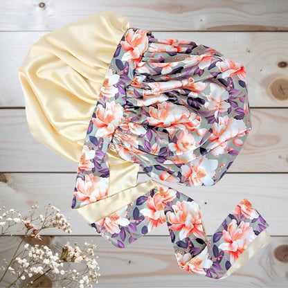 Reversible Charmeuse Silk Satin Bonnet – Exclusive Olive Magnolia Print - PHC