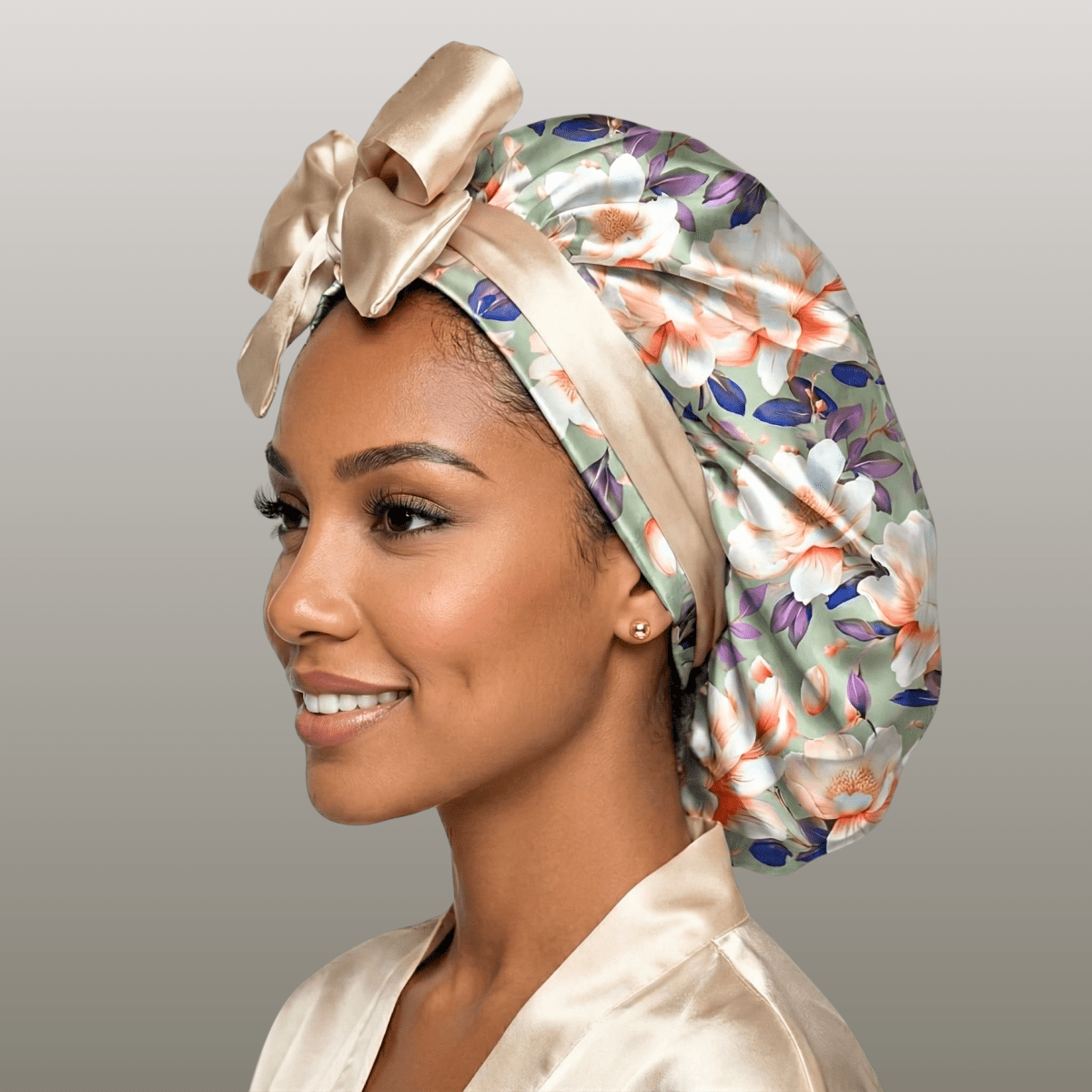 Reversible Charmeuse Silk Satin Bonnet – Exclusive Olive Magnolia Print - PHC
