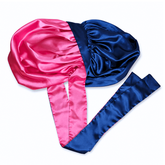 Reversible Satin Tie Bonnet for Sleeping, Navy Blue and Fuchsia - PHC