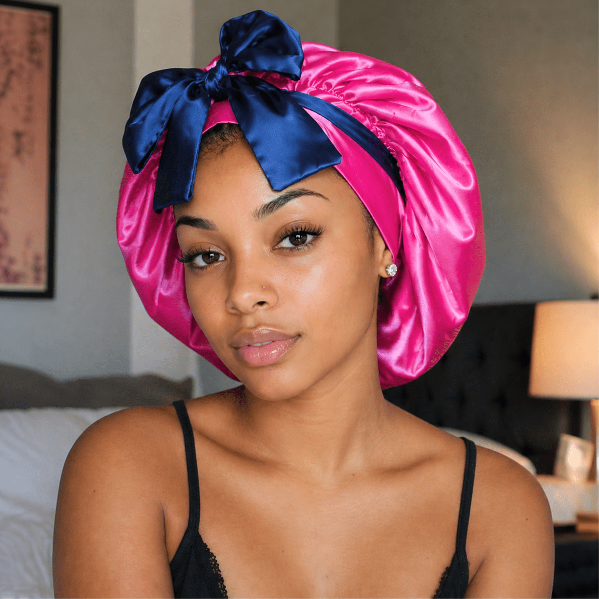 Reversible Satin Tie Bonnet for Sleeping, Navy Blue and Fuchsia - PHC