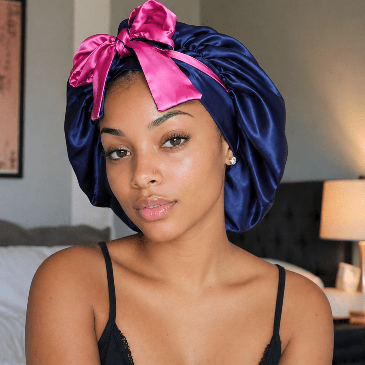 Reversible Satin Tie Bonnet for Sleeping, Navy Blue and Fuchsia - PHC