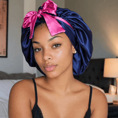 Reversible Satin Tie Bonnet for Sleeping, Navy Blue and Fuchsia - PHC
