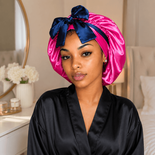 Reversible Satin Tie Bonnet for Sleeping, Navy Blue and Fuchsia - PHC