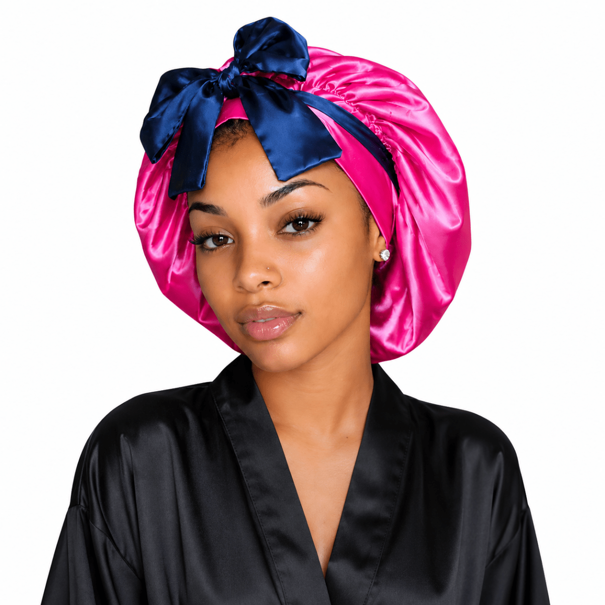 Reversible Satin Tie Bonnet for Sleeping, Navy Blue and Fuchsia - PHC
