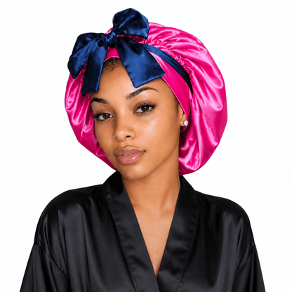 Reversible Satin Tie Bonnet for Sleeping, Navy Blue and Fuchsia - PHC