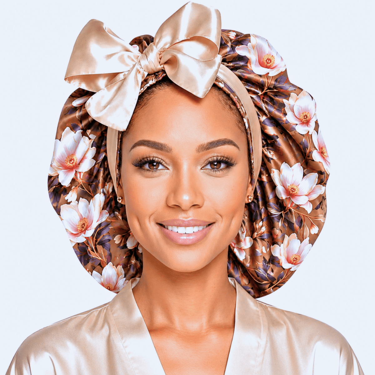 Reversible Satin Tie Hair Bonnet – Exclusive Brown Magnolia Print - PHC