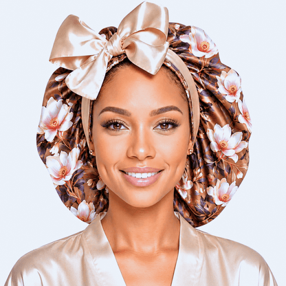 Reversible Satin Tie Hair Bonnet – Exclusive Brown Magnolia Print - PHC
