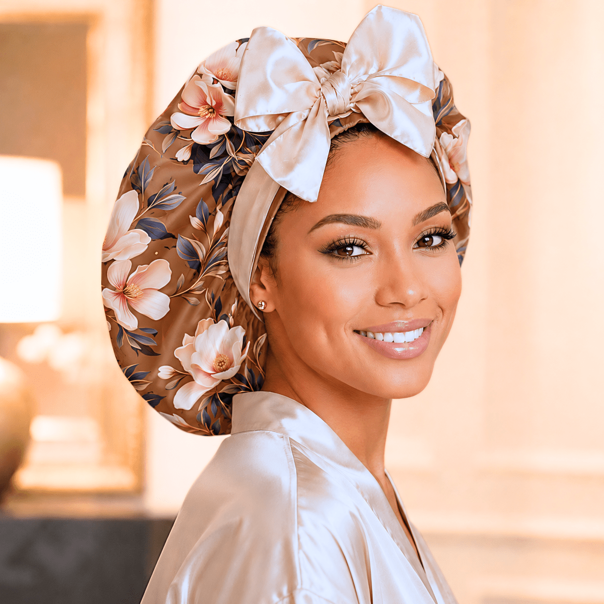 Reversible Satin Tie Hair Bonnet – Exclusive Brown Magnolia Print - PHC