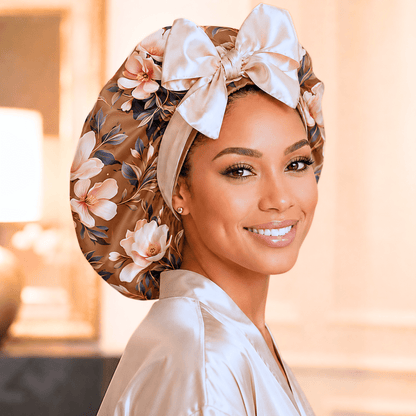 Reversible Satin Tie Hair Bonnet – Exclusive Brown Magnolia Print - PHC