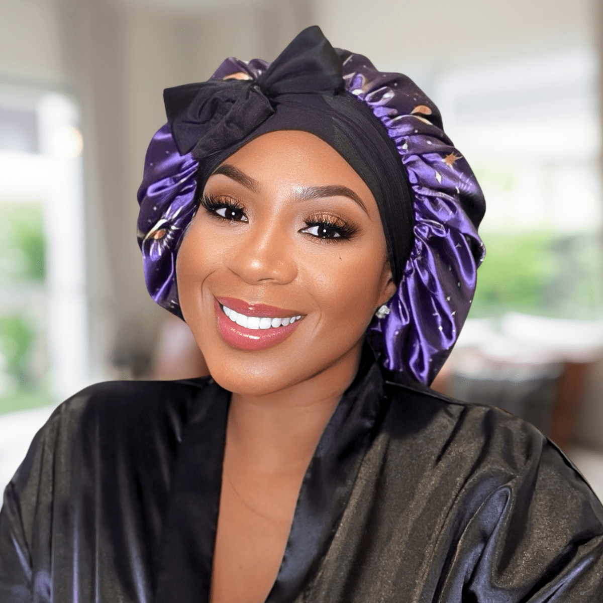 Reversible Silky Satin Stretch Tie Hair Bonnet in Celestial Blue, Double - Lined with Gold Charmeuse Satin, Adjustable Non - Slip Sleep Cap - Handmade in USA - PHC