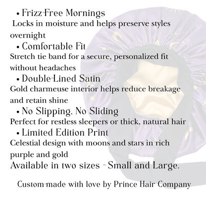 Reversible Silky Satin Stretch Tie Hair Bonnet in Celestial Blue, Double - Lined with Gold Charmeuse Satin, Adjustable Non - Slip Sleep Cap - Handmade in USA - PHC