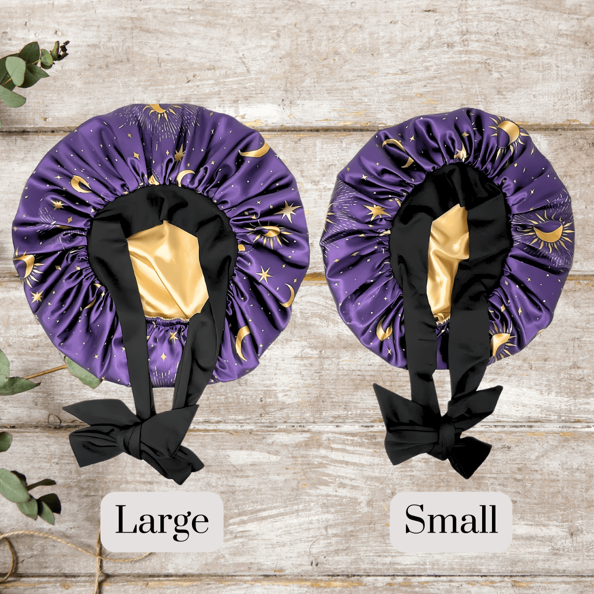 Reversible Silky Satin Stretch Tie Hair Bonnet in Celestial Blue, Double - Lined with Gold Charmeuse Satin, Adjustable Non - Slip Sleep Cap - Handmade in USA - PHC