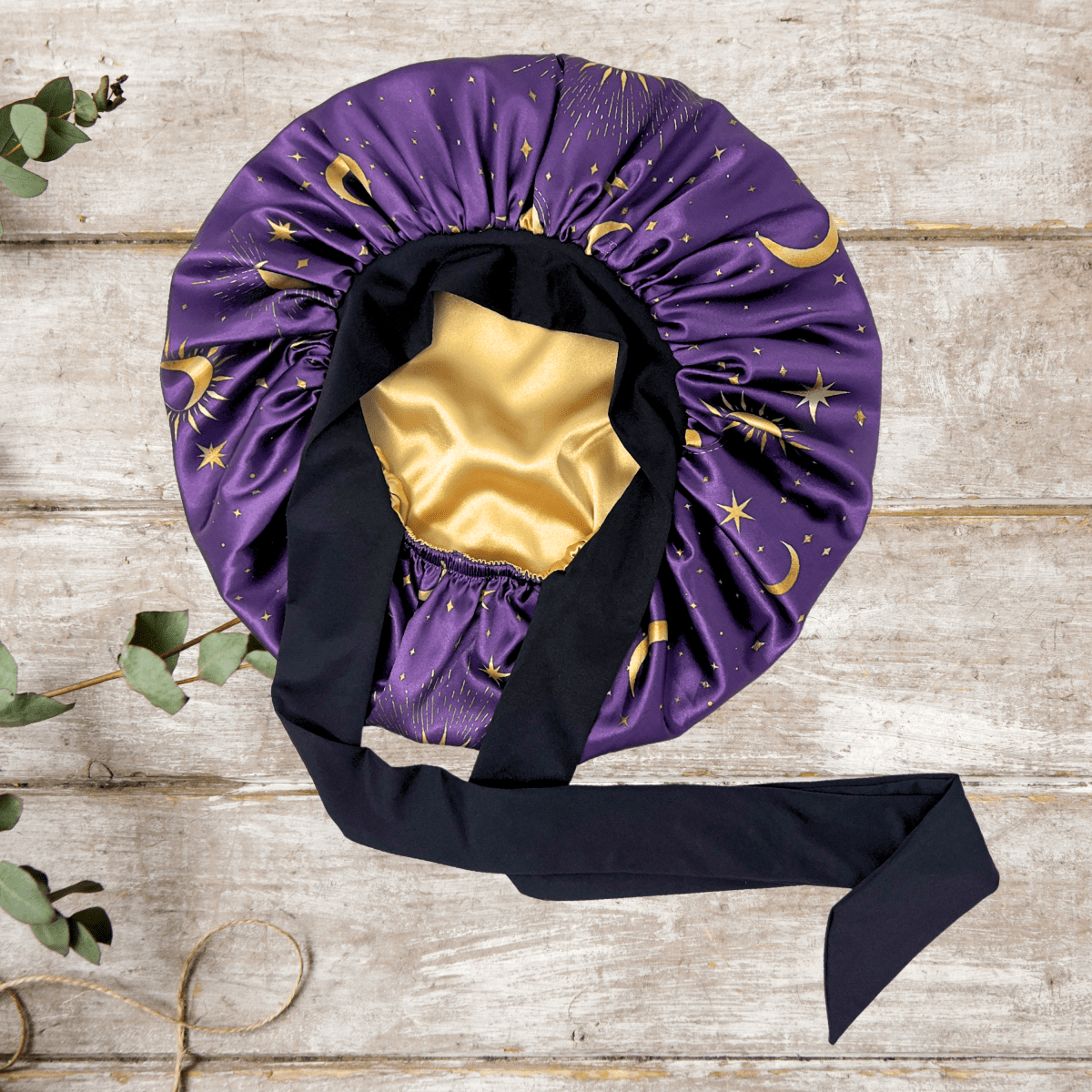Reversible Silky Satin Stretch Tie Hair Bonnet in Celestial Blue, Double - Lined with Gold Charmeuse Satin, Adjustable Non - Slip Sleep Cap - Handmade in USA - PHC
