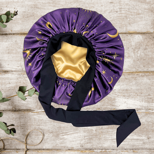 Reversible Silky Satin Stretch Tie Hair Bonnet in Celestial Blue, Double - Lined with Gold Charmeuse Satin, Adjustable Non - Slip Sleep Cap - Handmade in USA - PHC