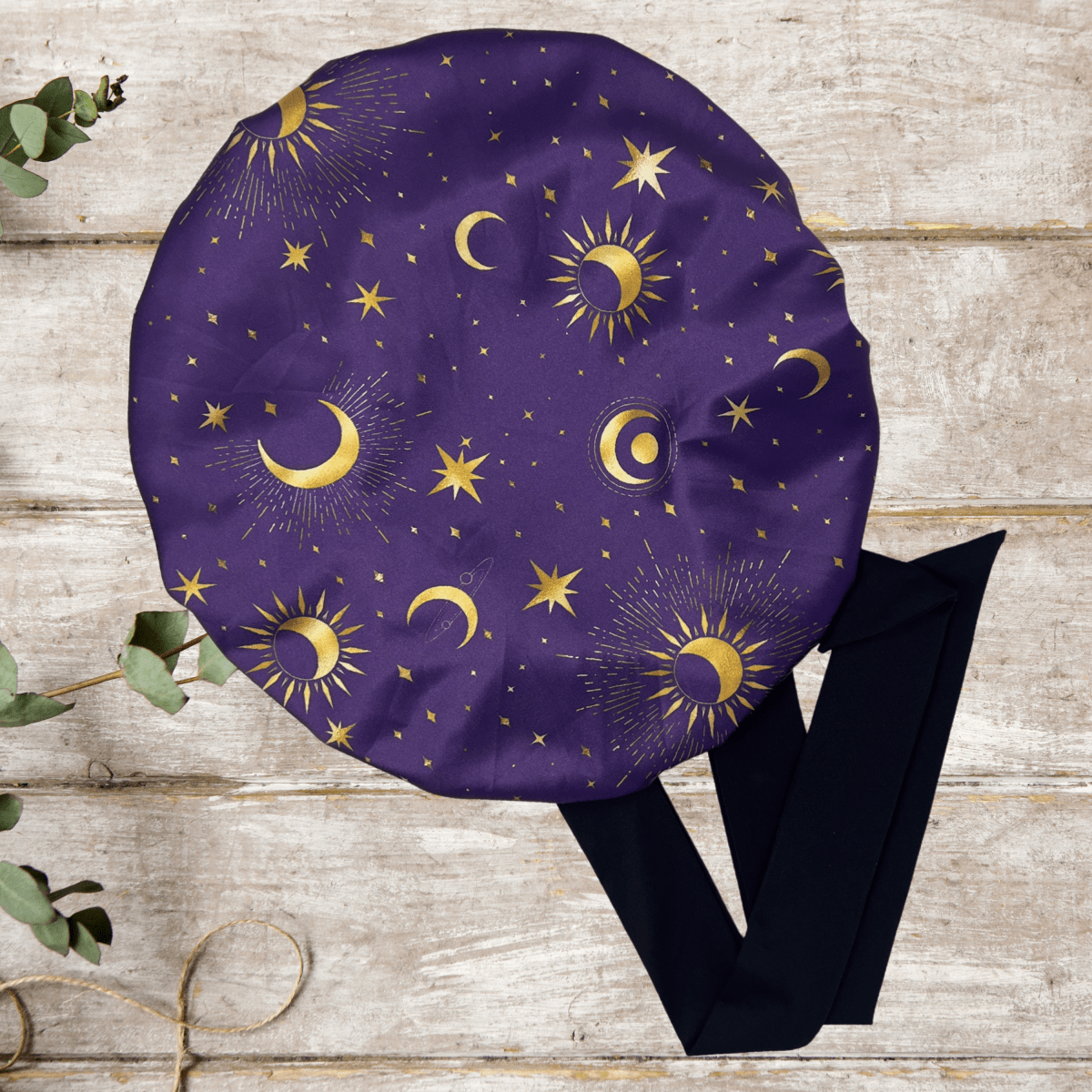 Reversible Silky Satin Stretch Tie Hair Bonnet in Celestial Blue, Double - Lined with Gold Charmeuse Satin, Adjustable Non - Slip Sleep Cap - Handmade in USA - PHC