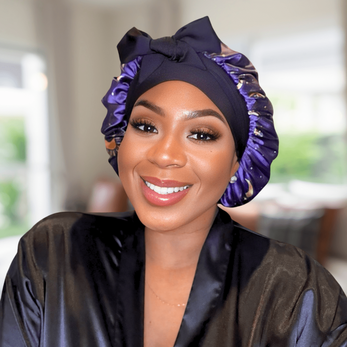 Reversible Silky Satin Stretch Tie Hair Bonnet in Celestial Blue, Double - Lined with Gold Charmeuse Satin, Adjustable Non - Slip Sleep Cap - Handmade in USA - PHC