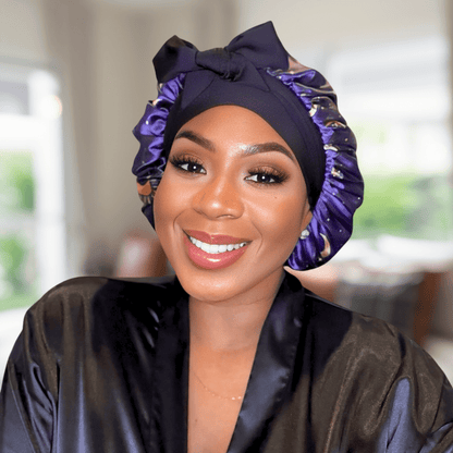 Reversible Silky Satin Stretch Tie Hair Bonnet in Celestial Blue, Double - Lined with Gold Charmeuse Satin, Adjustable Non - Slip Sleep Cap - Handmade in USA - PHC