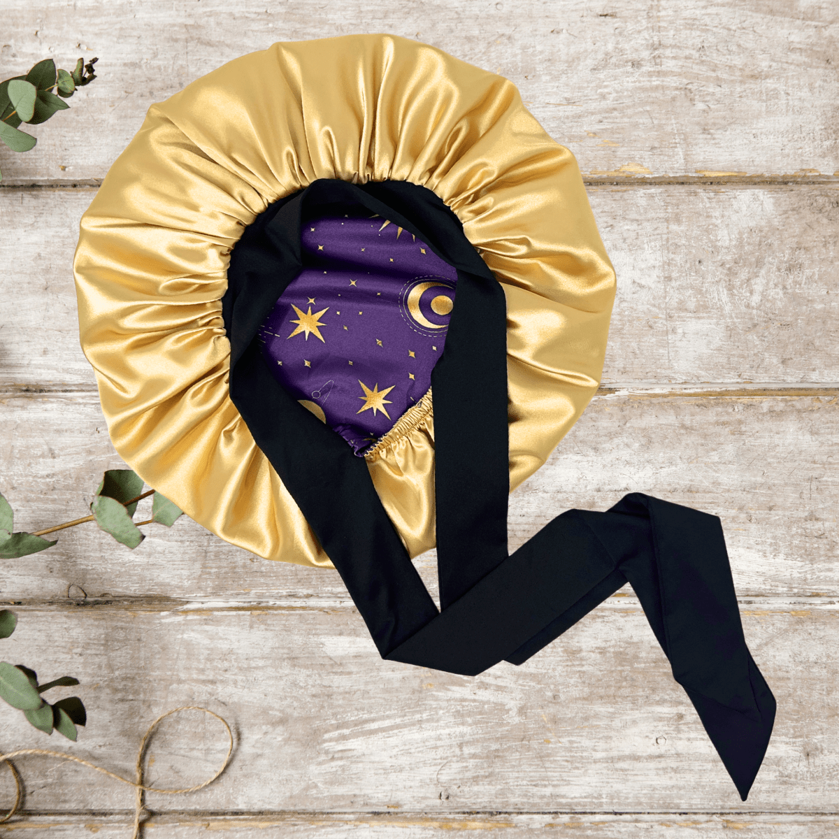 Reversible Silky Satin Stretch Tie Hair Bonnet in Celestial Blue, Double - Lined with Gold Charmeuse Satin, Adjustable Non - Slip Sleep Cap - Handmade in USA - PHC