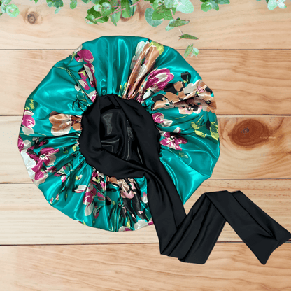 Reversible Stretch Tie Charmeuse Silk Satin Bonnet in Teal Flowers - PHC