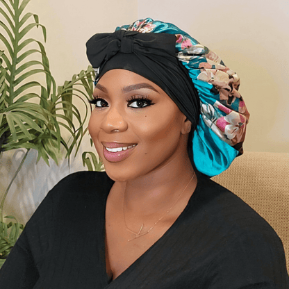 Reversible Stretch Tie Charmeuse Silk Satin Bonnet in Teal Flowers - PHC