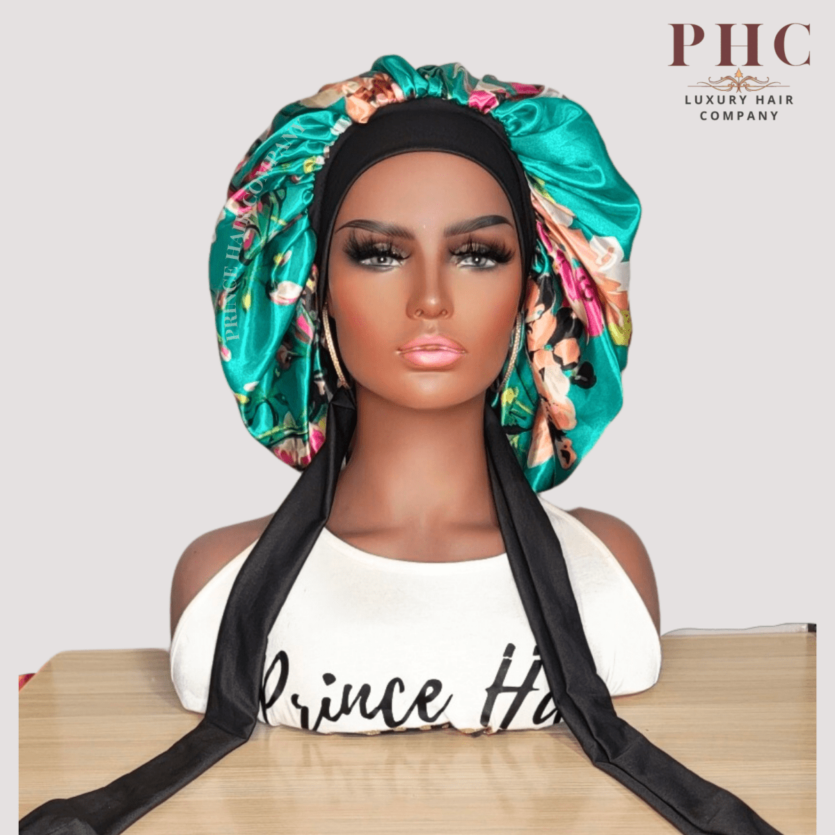 Reversible Stretch Tie Charmeuse Silk Satin Bonnet in Teal Flowers - PHC