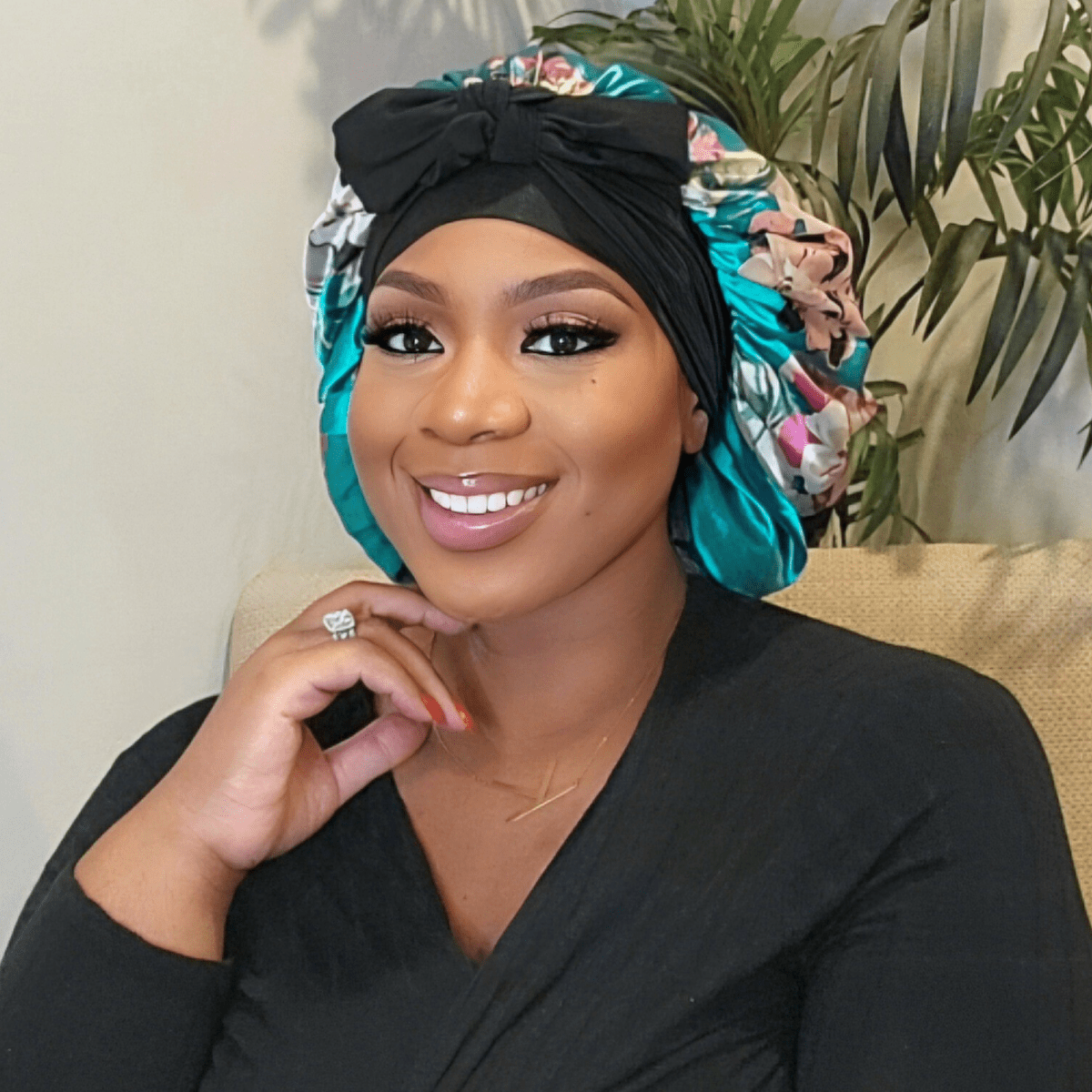 Reversible Stretch Tie Charmeuse Silk Satin Bonnet in Teal Flowers - PHC