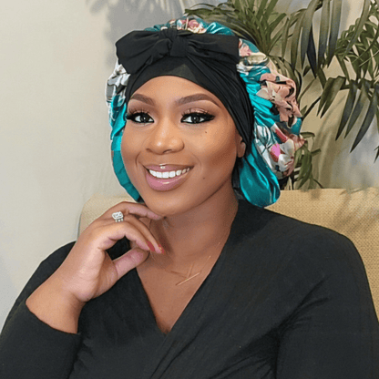 Reversible Stretch Tie Charmeuse Silk Satin Bonnet in Teal Flowers - PHC