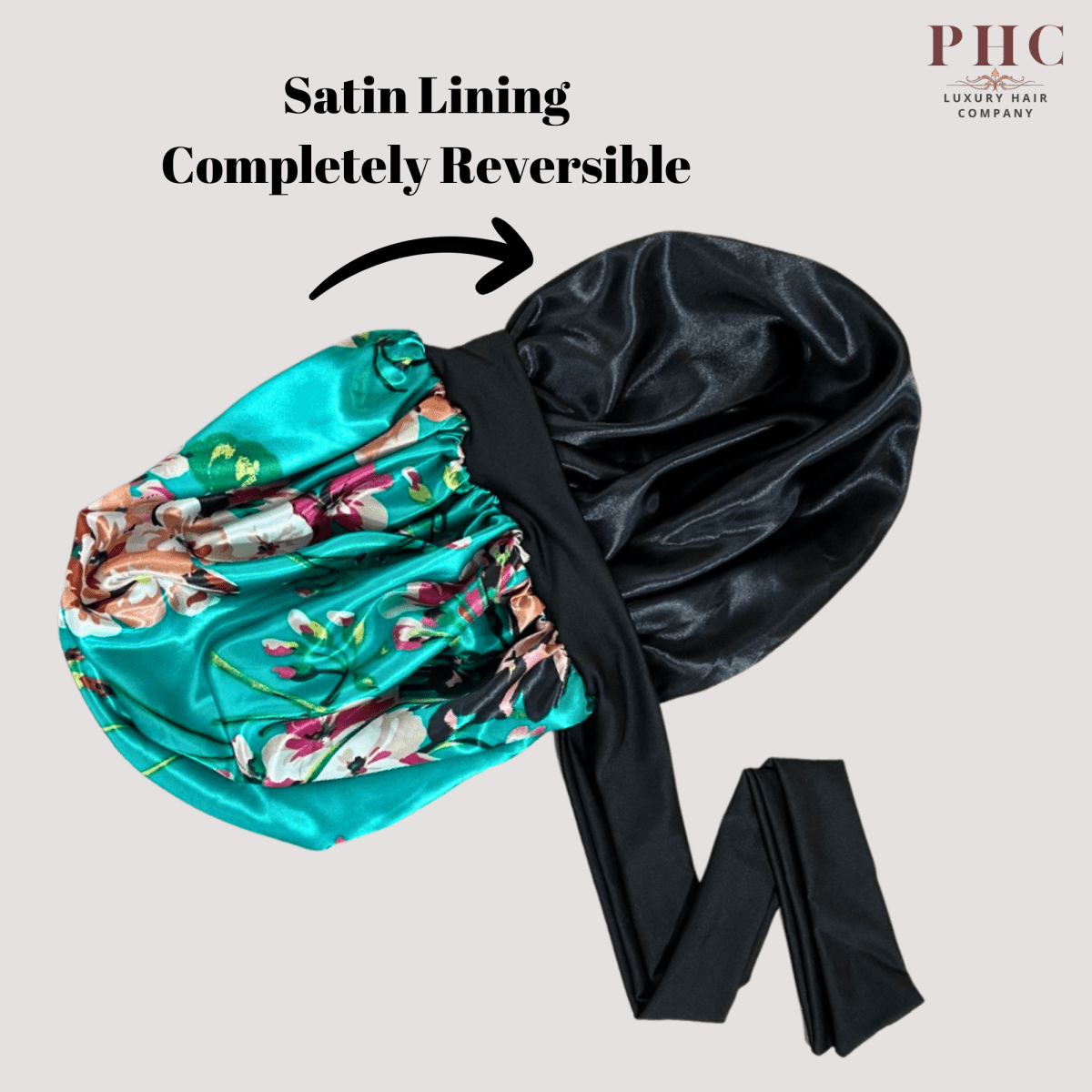 Reversible Stretch Tie Charmeuse Silk Satin Bonnet in Teal Flowers - PHC