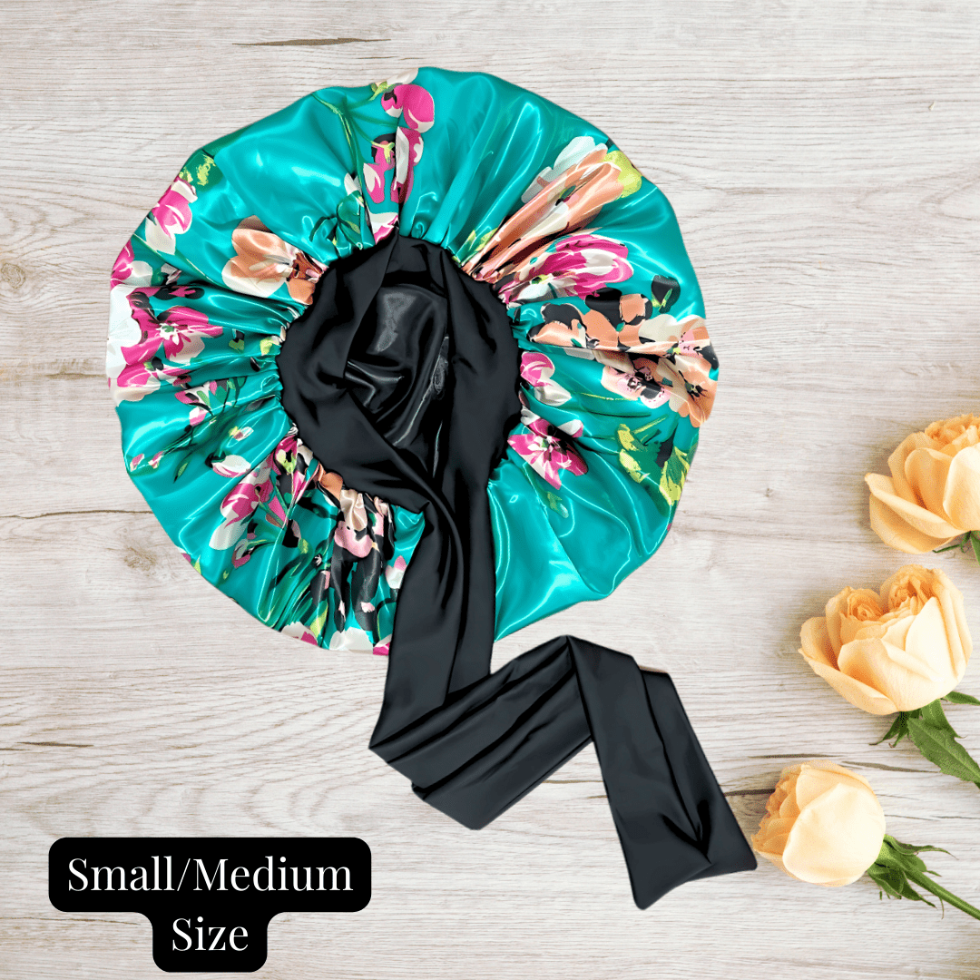 Reversible Stretch Tie Charmeuse Silk Satin Bonnet in Teal Flowers - PHC
