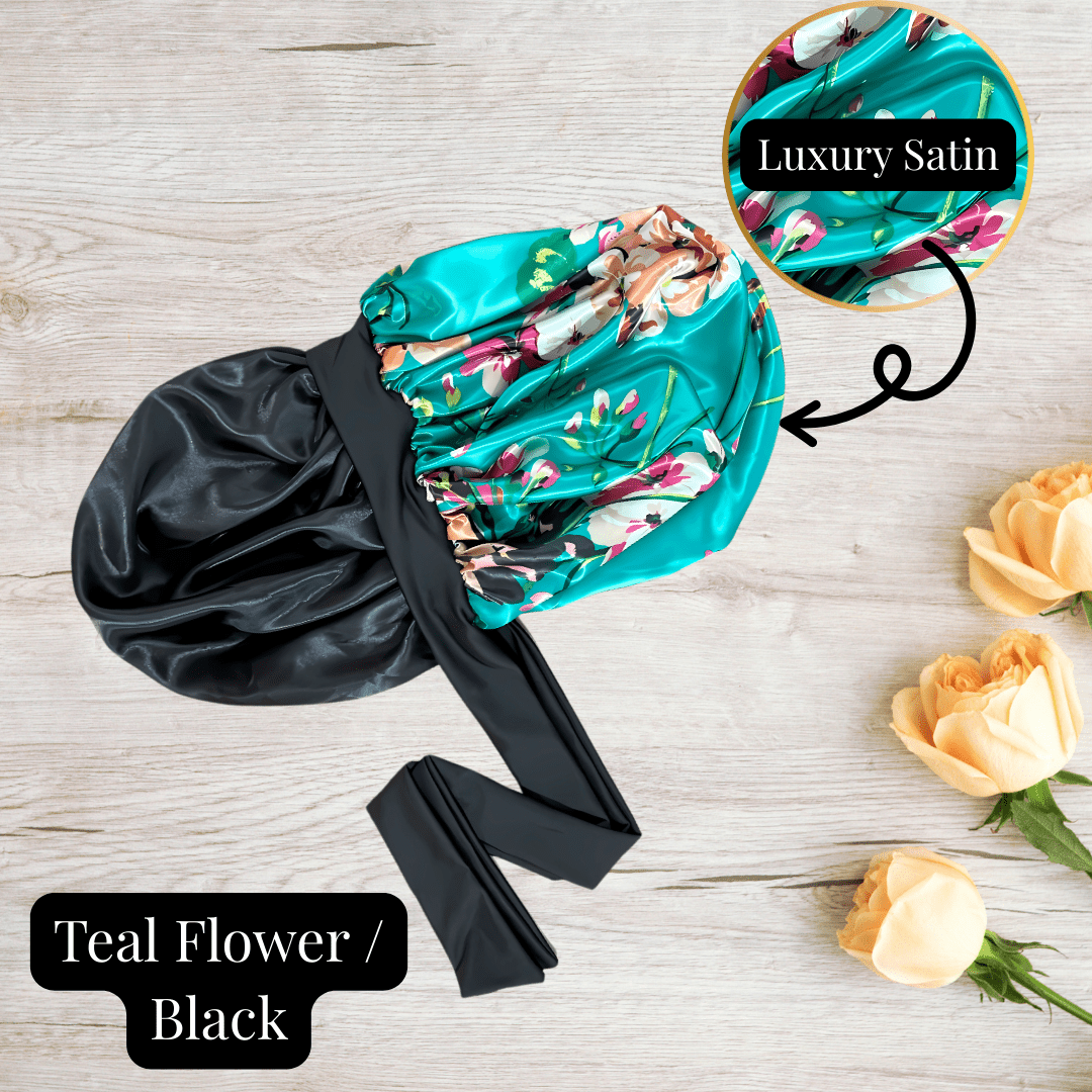 Reversible Stretch Tie Charmeuse Silk Satin Bonnet in Teal Flowers - PHC
