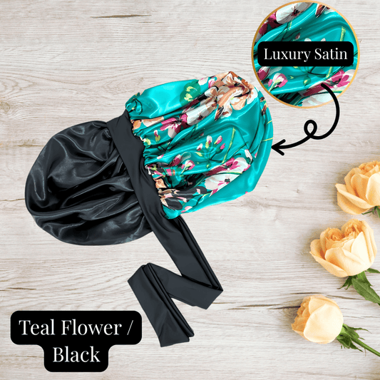 Reversible Stretch Tie Charmeuse Silk Satin Bonnet in Teal Flowers - PHC