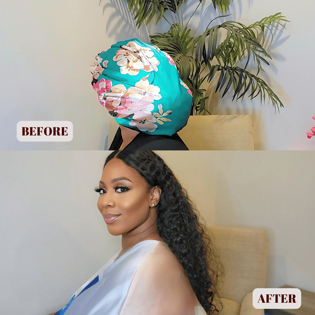 Reversible Stretch Tie Charmeuse Silk Satin Bonnet in Teal Flowers - PHC