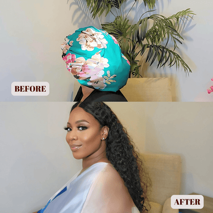 Reversible Stretch Tie Charmeuse Silk Satin Bonnet in Teal Flowers - PHC