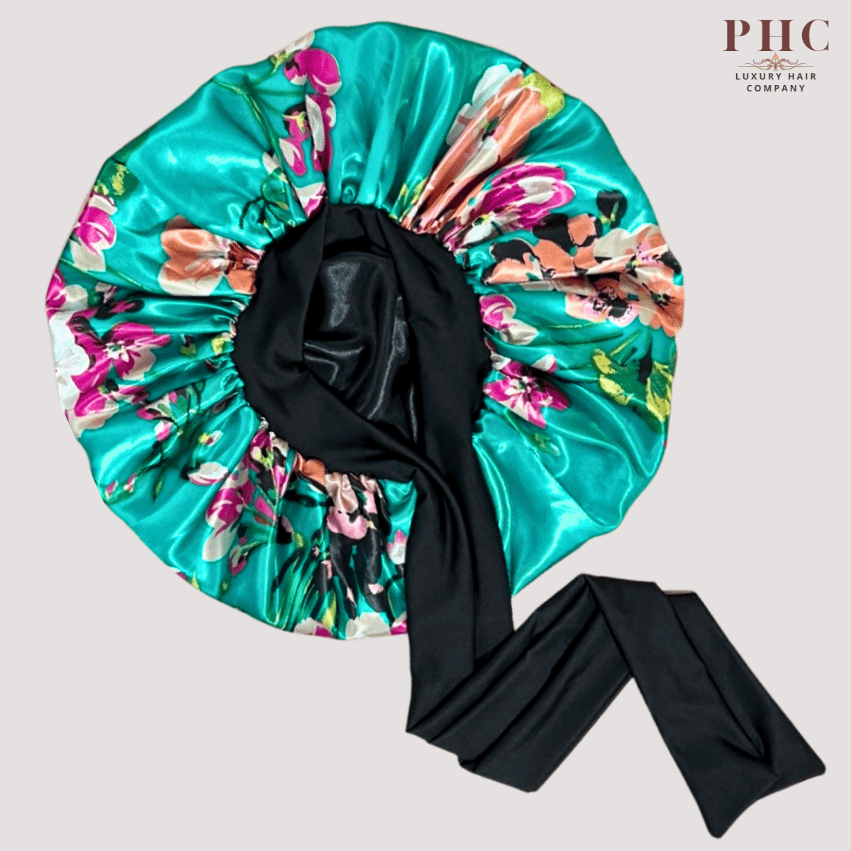 Reversible Stretch Tie Charmeuse Silk Satin Bonnet in Teal Flowers - PHC