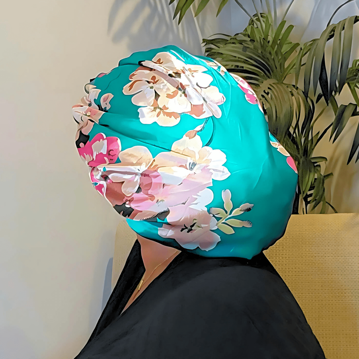 Reversible Stretch Tie Charmeuse Silk Satin Bonnet in Teal Flowers - PHC