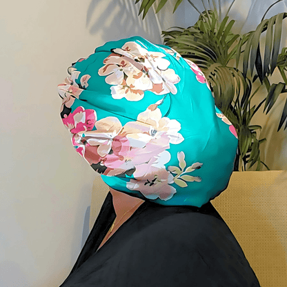 Reversible Stretch Tie Charmeuse Silk Satin Bonnet in Teal Flowers - PHC