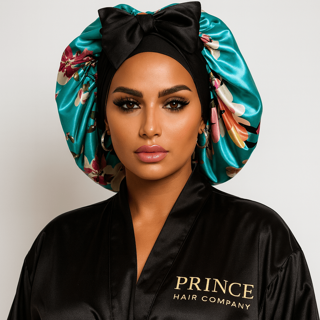 Reversible Stretch Tie Charmeuse Silk Satin Bonnet in Teal Flowers - PHC