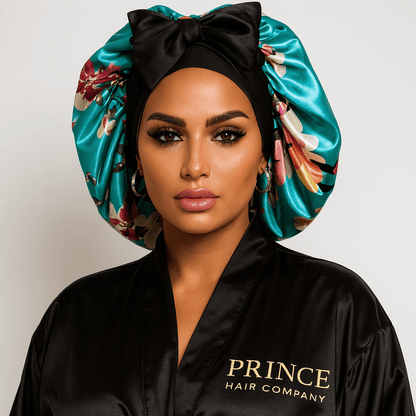 Reversible Stretch Tie Charmeuse Silk Satin Bonnet in Teal Flowers - PHC