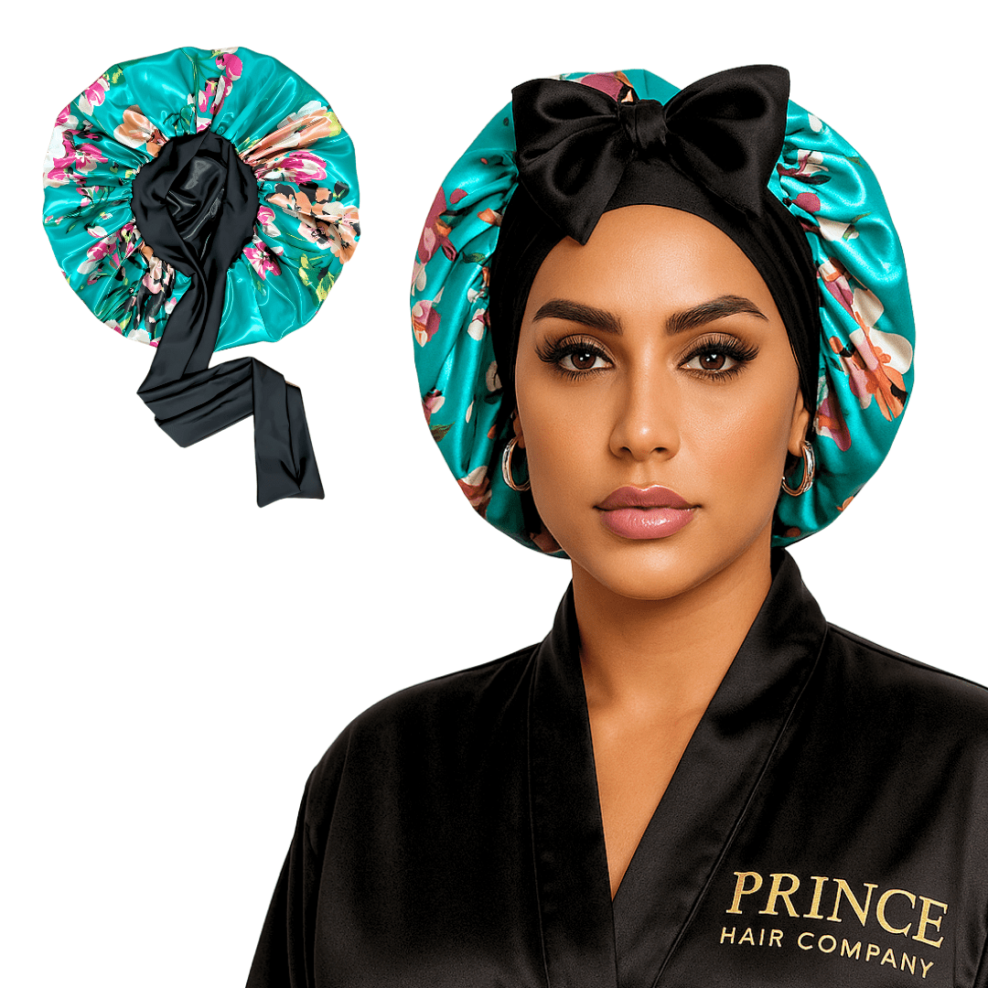 Reversible Stretch Tie Charmeuse Silk Satin Bonnet in Teal Flowers - PHC