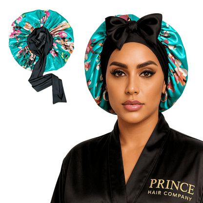 Reversible Stretch Tie Charmeuse Silk Satin Bonnet in Teal Flowers - PHC