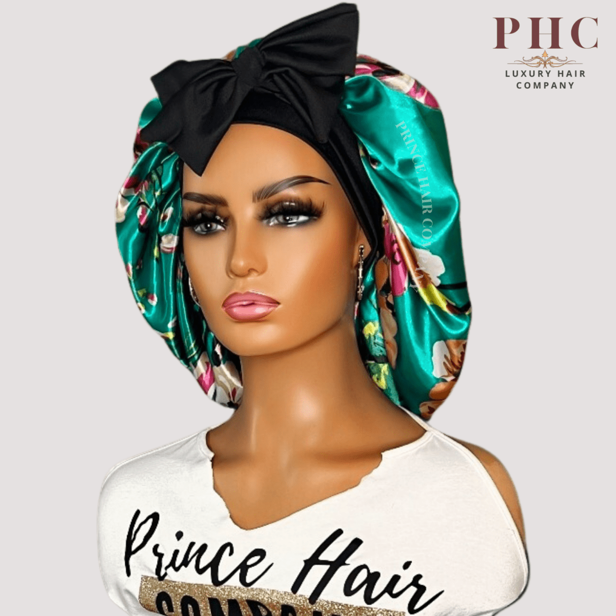 Reversible Stretch Tie Charmeuse Silk Satin Bonnet in Teal Flowers - PHC