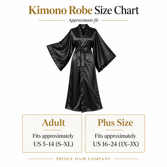 A size chart graphic for a Kimono robe, showing a black satin-like robe centered on a white background with text reading 'Kimono Robe Size Chart' and fit guides for Adult and Plus Size. The brand name Prince Hair Company appears at the bottom.