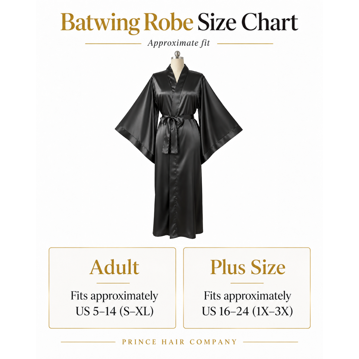 A size chart graphic for a batwing robe, showing a black satin-like robe on a mannequin against a white background. Text at the top reads 'Batwing Robe Size Chart' and lists adult and plus-size fit ranges.