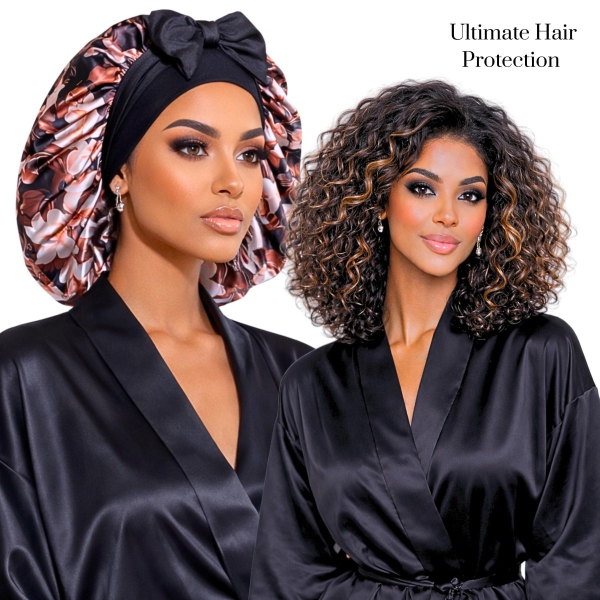 Brown Magnolia Stretch Tie Satin Sleep Cap for Curly, Braids & Natural Hair - PHC