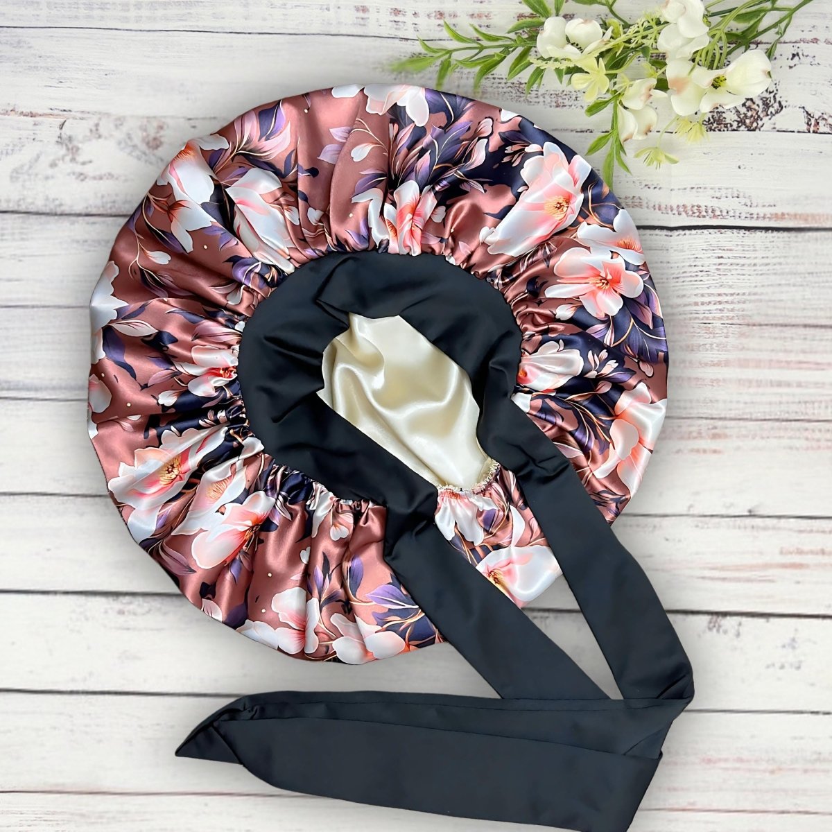 Brown Magnolia Stretch Tie Satin Sleep Cap for Curly, Braids & Natural Hair - PHC
