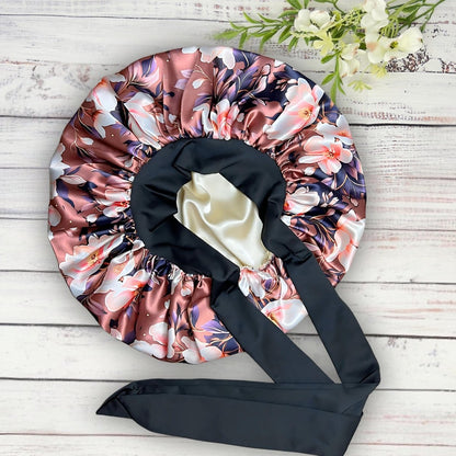 Brown Magnolia Stretch Tie Satin Sleep Cap for Curly, Braids & Natural Hair - PHC