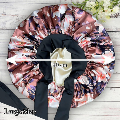 Brown Magnolia Stretch Tie Satin Sleep Cap for Curly, Braids & Natural Hair - PHC