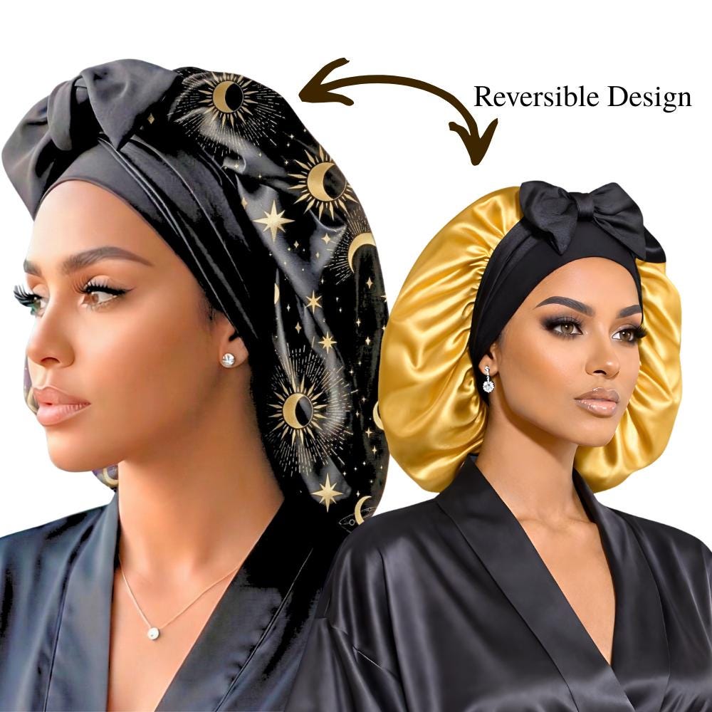 Satin Bonnet for Sleeping, Satin Lined, Adjustable Stretch Ties, Reversible, Exclusive Prints, Small/Large - PHC