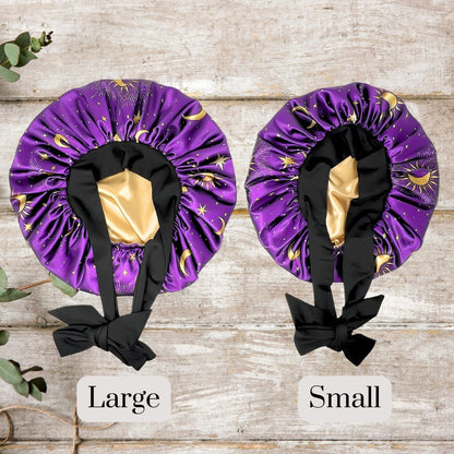 Satin Bonnet with Adjustable Stretch Ties, Reversible Celestial Sun & Moon, Sleep Cap for All Hair Types - PHC