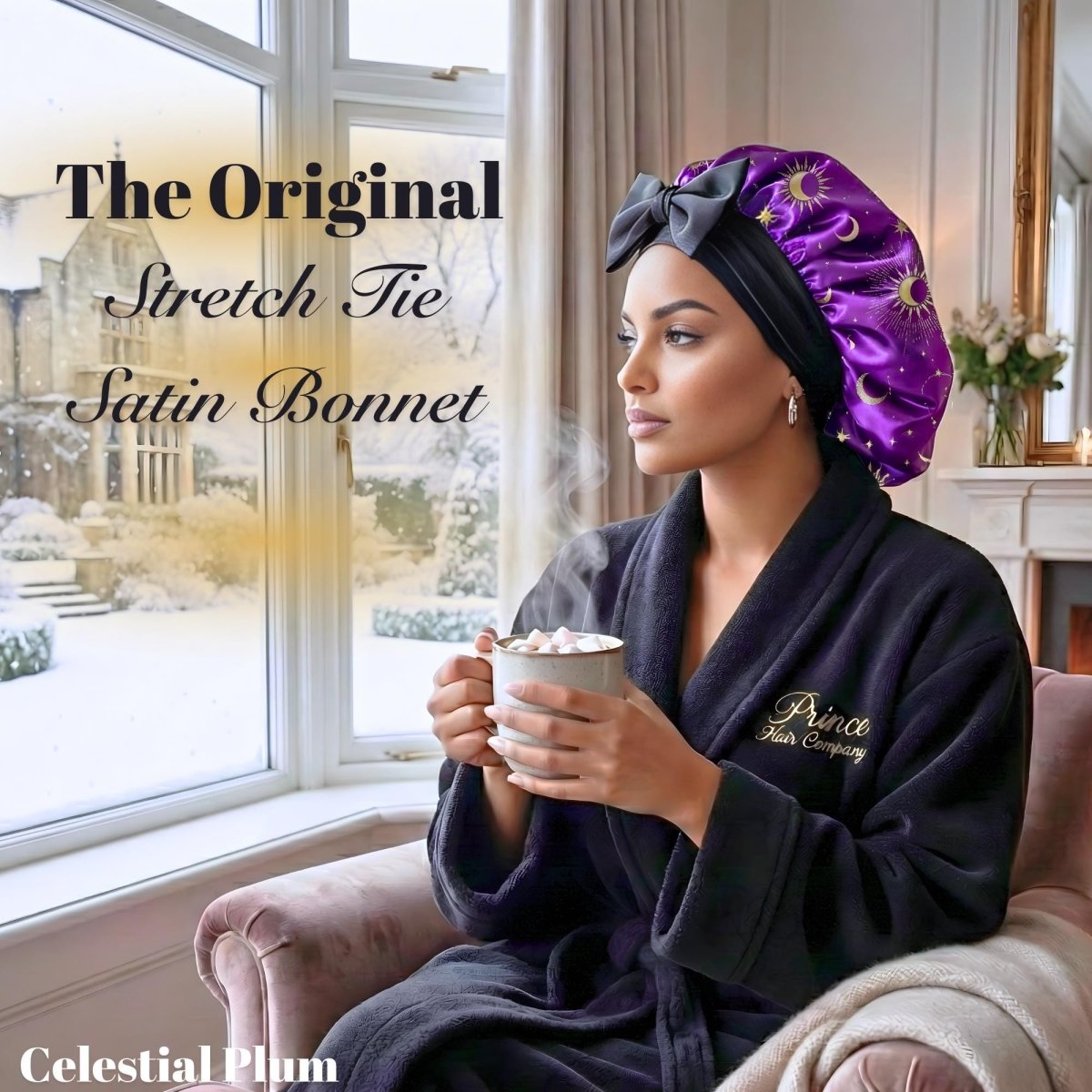Satin Bonnet with Adjustable Stretch Ties, Reversible Celestial Sun & Moon, Sleep Cap for All Hair Types - PHC